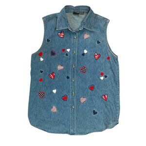 Quizz Again Women’s Denim Vest Embroidered Hearts Sleeveless Button Down Sz‎ L